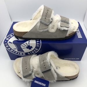 BIRKENSTOCK Arizona Shearling Stone Coin Suede Leather Slides Sandals 38/W7/M5